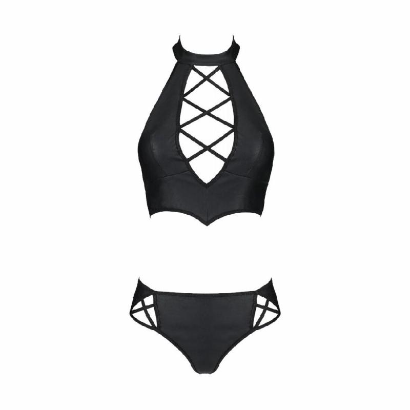 Комплект з екошкіри Passion NANCY BIKINI 6XL/7XL black, бра та трусики з імітацією шнурівки