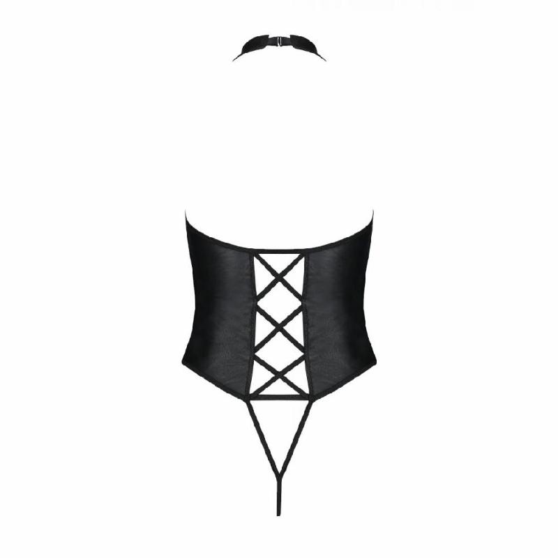 Боді з екошкіри Passion NANCY BODY 4XL/5XL black, з імітацією шнурівки та відкритим доступом