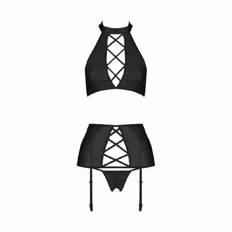 Комплект з екошкіри Passion NANCY SET 4XL/5XL black, імітація шнурівки, топ, пояс для панчіх