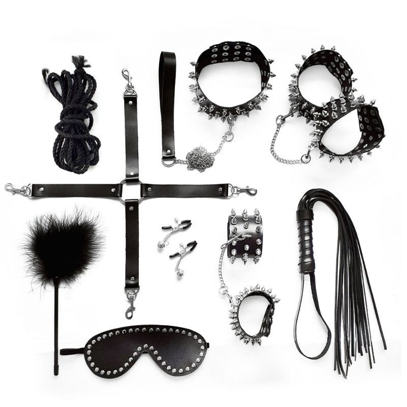 BDSM-набір Art of Sex – Spikes BDSM Set Leather, 10 предметів, чорний, натуральна шкіра - зображення 1