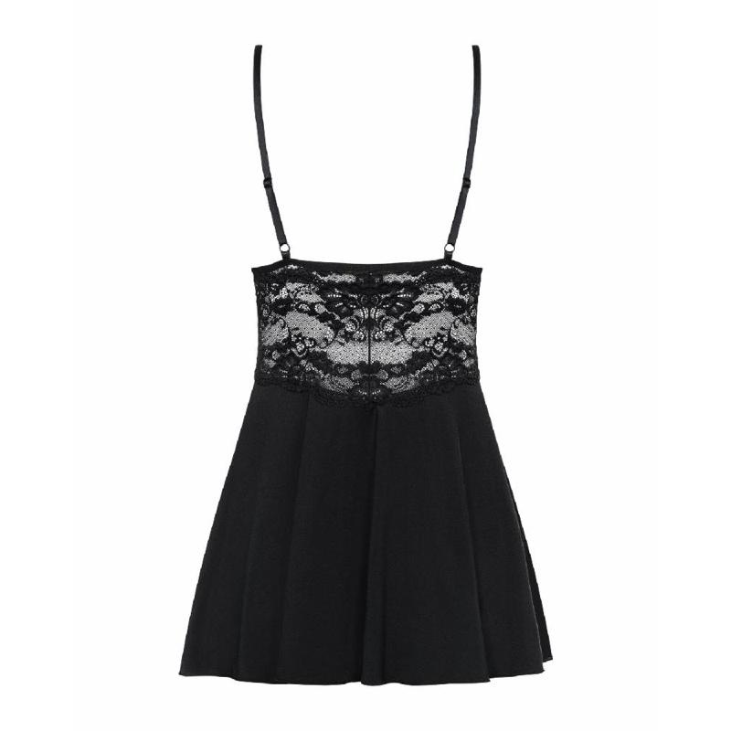 Сатиновий пеньюар з мереживом Obsessive 810-BAB-1 babydoll & thong L/XL, чорний, пеньюар, танга