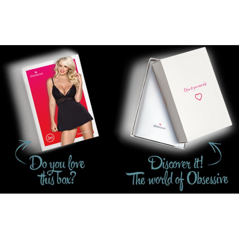Сатиновий пеньюар з мереживом Obsessive 810-BAB-1 babydoll & thong L/XL, чорний, пеньюар, танга