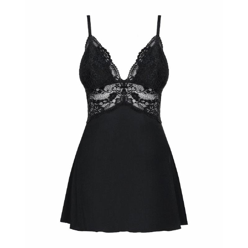 Сатиновий пеньюар з мереживом Obsessive 810-BAB-1 babydoll & thong L/XL, чорний, пеньюар, танга