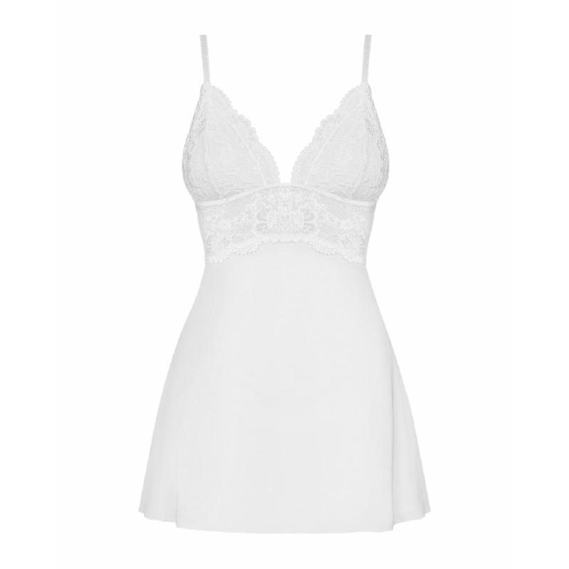 Сатиновий пеньюар із мереживом Obsessive 810-BAB-2 babydoll & thong S/M, білий, пеньюар, танга