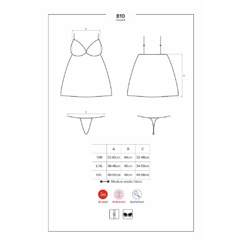 Сатиновий пеньюар з мереживом Obsessive 810-BAB-2 babydoll & thong L/XL, білий, пеньюар, танга