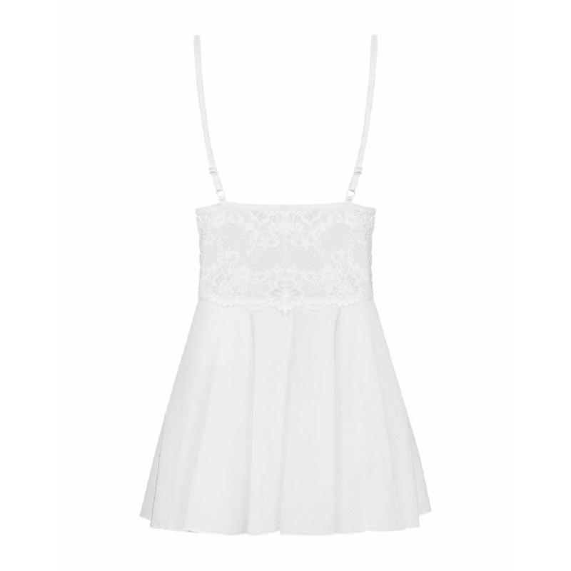 Сатиновий пеньюар з мереживом Obsessive 810-BAB-2 babydoll & thong L/XL, білий, пеньюар, танга