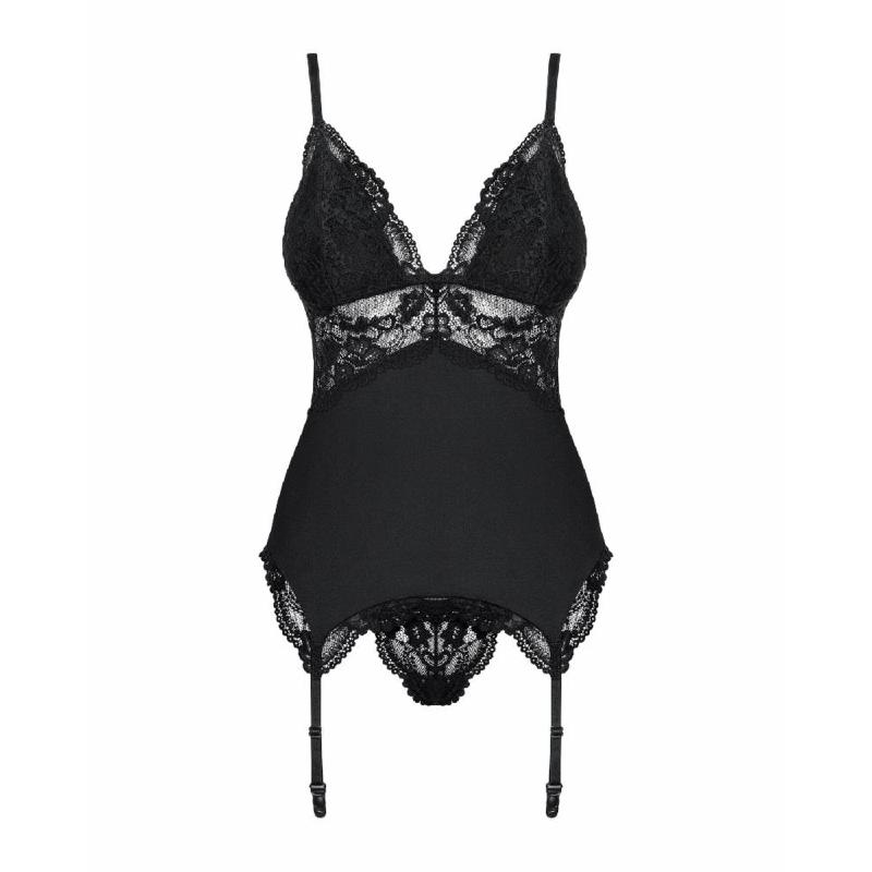 Сатиновий мереживний корсет Obsessive 810-COR-1 babydoll & thong S/M, чорний, корсет, танга