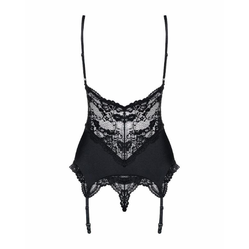 Сатиновий мереживний корсет Obsessive 810-COR-1 babydoll & thong S/M, чорний, корсет, танга
