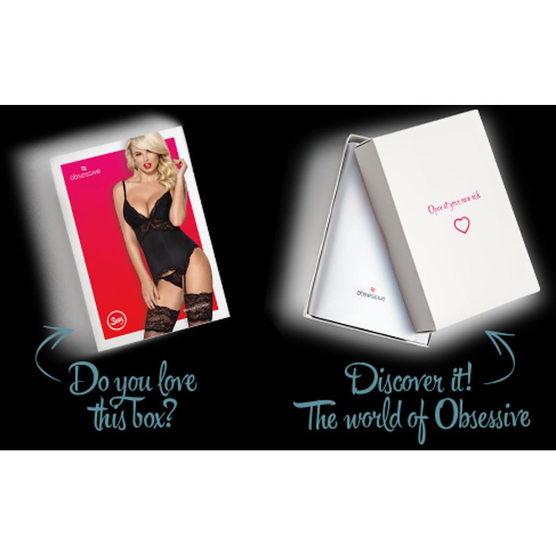 Сатиновий мереживний корсет Obsessive 810-COR-1 babydoll & thong S/M, чорний, корсет, танга