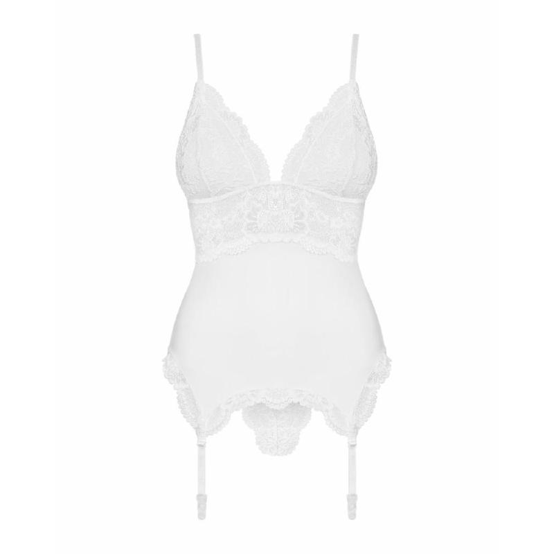 Сатиновий мереживний корсет Obsessive 810-COR-2 babydoll & thong S/M, білий, корсет, танга