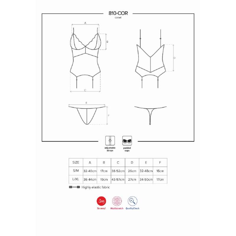 Сатиновий мереживний корсет Obsessive 810-COR-2 babydoll & thong S/M, білий, корсет, танга