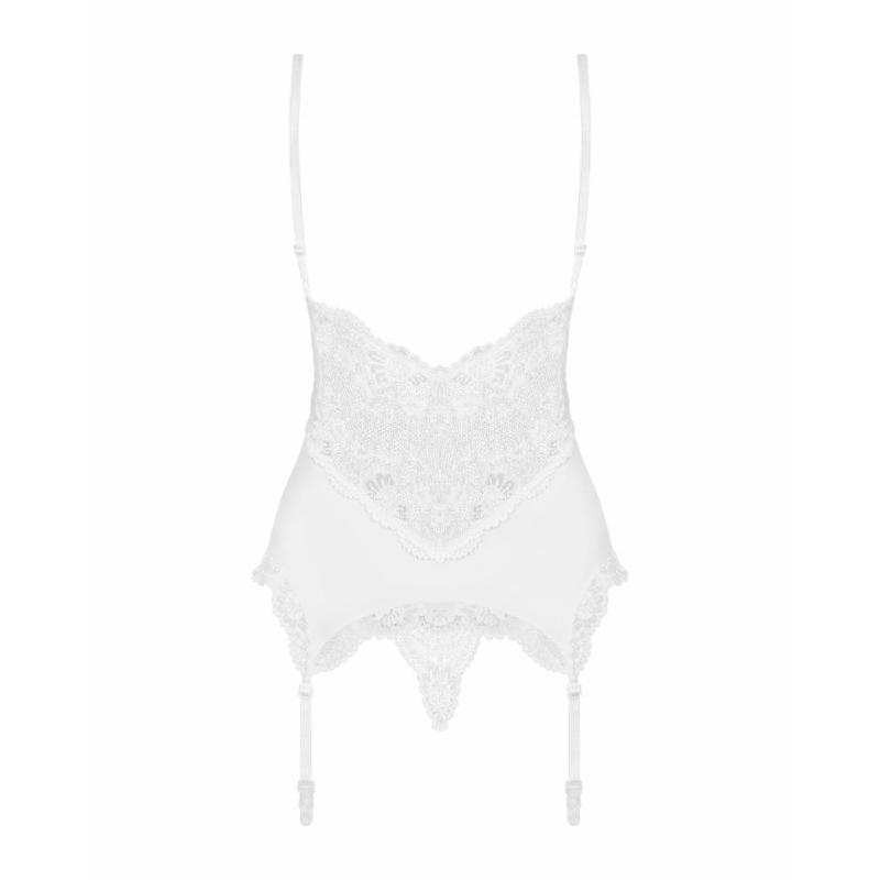 Сатиновий мереживний корсет Obsessive 810-COR-2 babydoll & thong S/M, білий, корсет, танга
