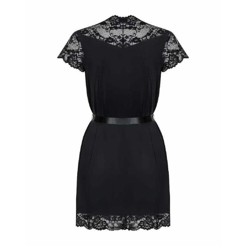 Сатиновий відкритий пеньюар на поясі Obsessive 810-PEI–1 peignoir black 2XL/3XL, чорний