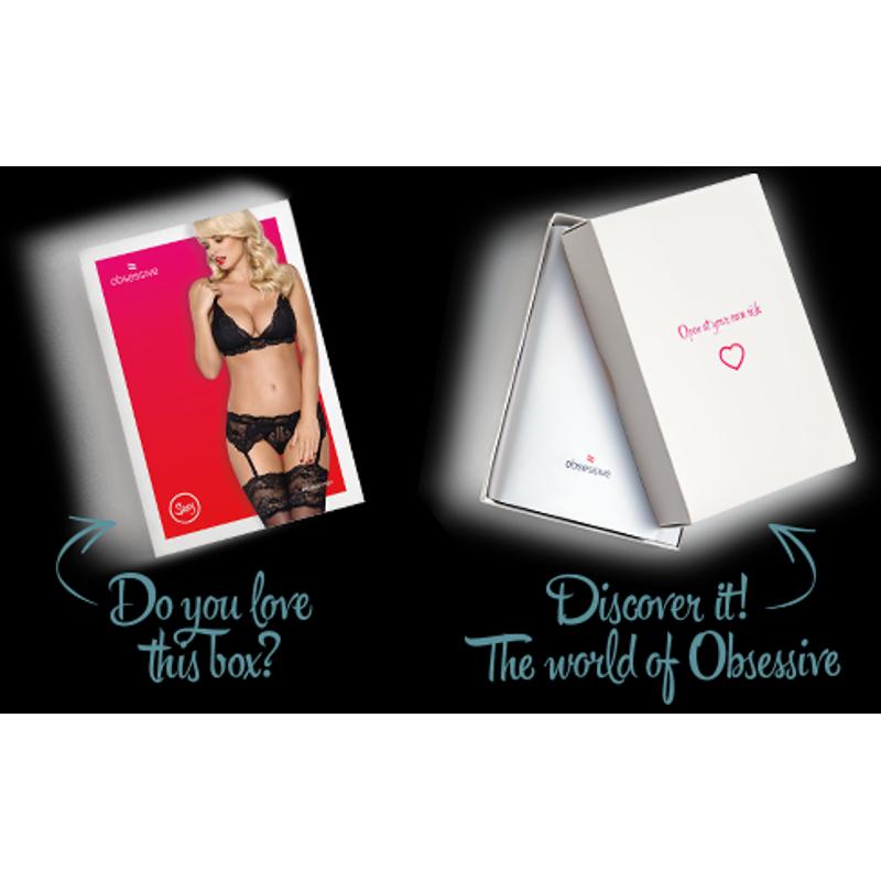 Мереживний комплект білизни Obsessive 810-SEG-1 S/M Black, бюстгальтер, стрінги, пояс для панчіх