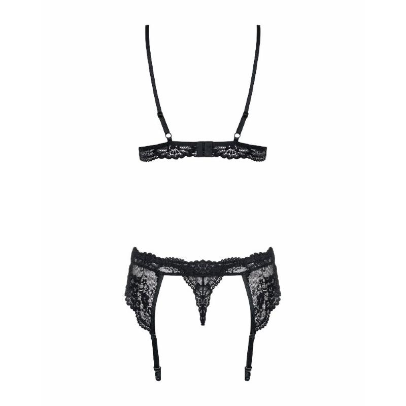Мереживний комплект білизни Obsessive 810-SEG-1 L/XL Black, бюстгальтер, стрінги, пояс для панчіх