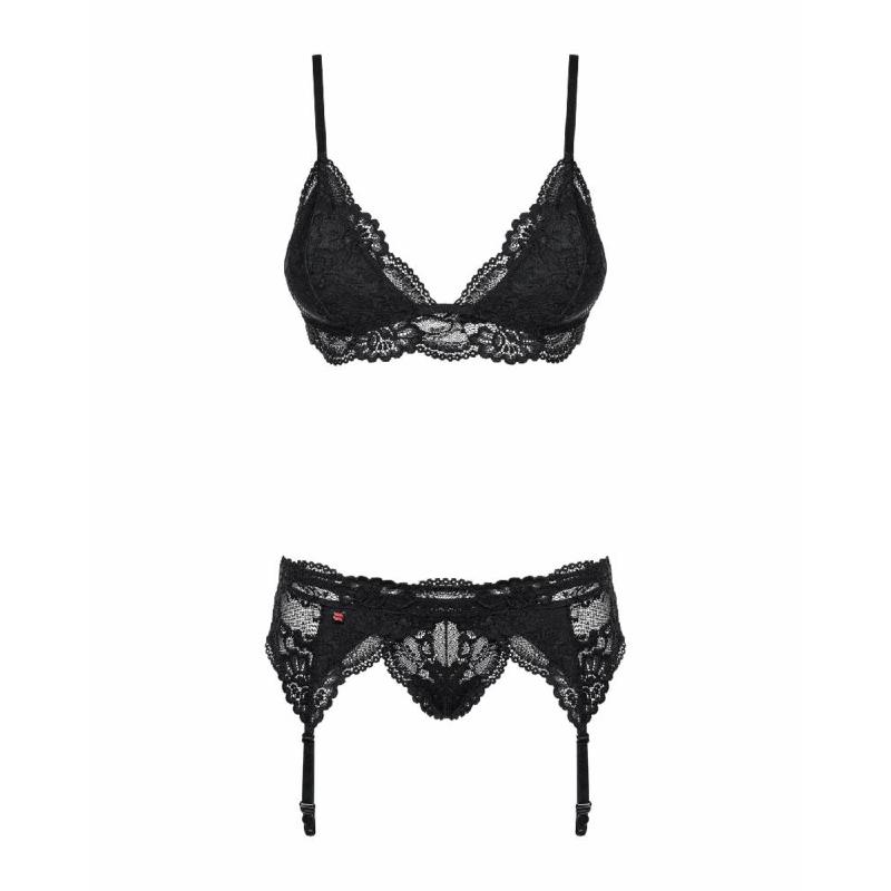 Мереживний комплект білизни Obsessive 810-SEG-1 L/XL Black, бюстгальтер, стрінги, пояс для панчіх