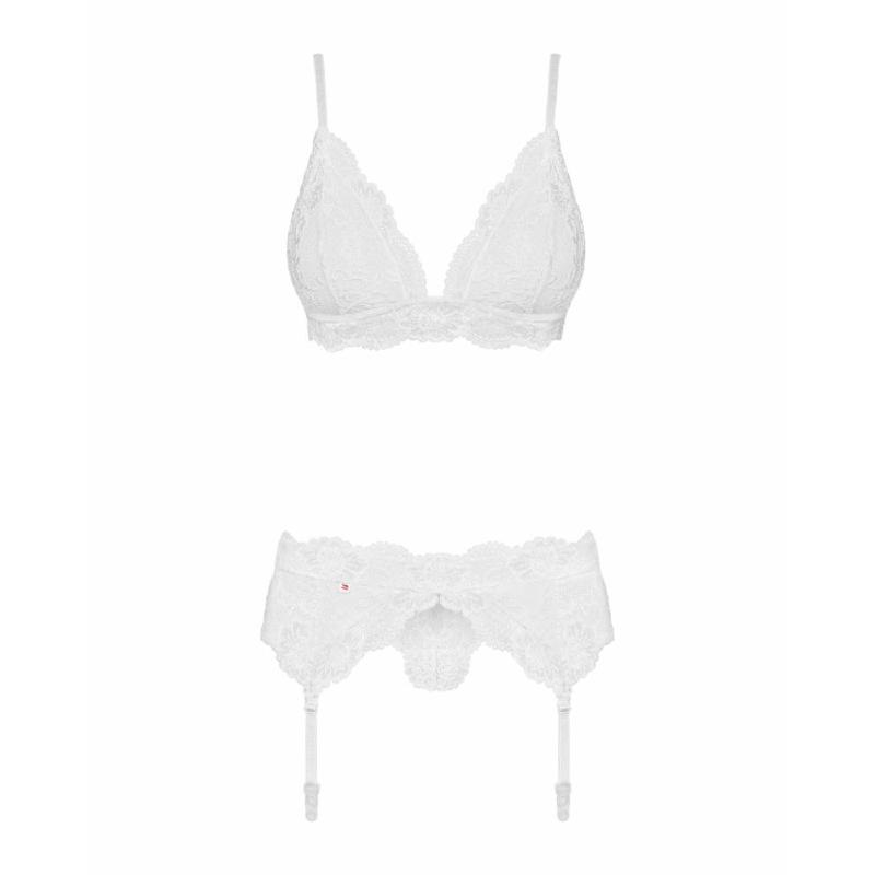 Мереживний комплект білизни Obsessive 810-SEG-2 S/M White, бюстгальтер, стрінги, пояс для панчіх
