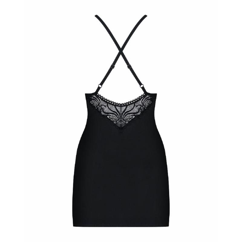 Сатиновий комплект для сну з мереживом Obsessive 828-CHE-1 chemise & thong S/M, чорний, сорочка, стр