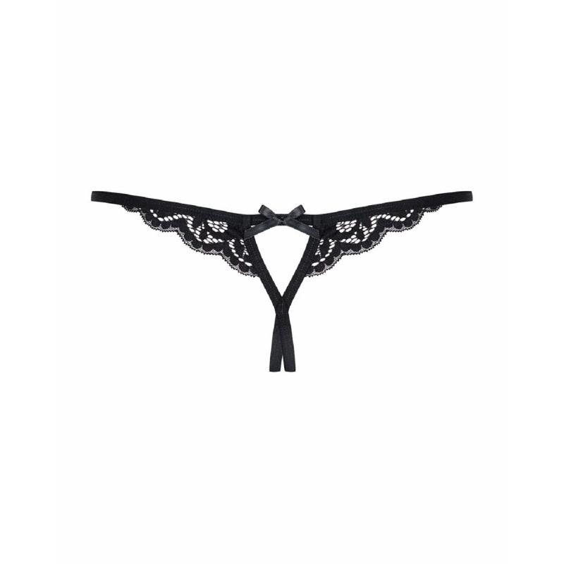 Мереживні танги з двома отворами Obsessive 831-THC-1 crotchless thongL/XL, чорні, бантики