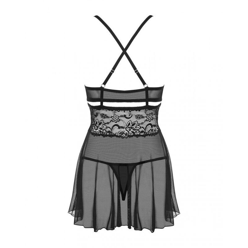 Еротичний мереживний комплект із сіточкою Obsessive 838-BAB-1 babydoll & thong black L/XL, чорний, п