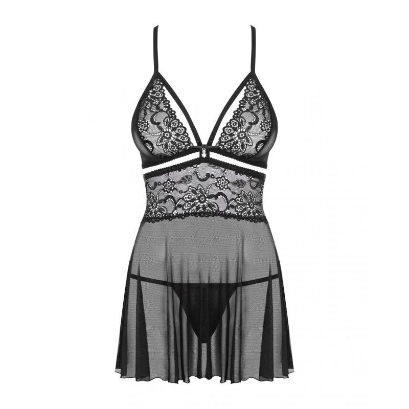 Еротичний мереживний комплект із сіточкою Obsessive 838-BAB-1 babydoll & thong black XXL, чорний, пе