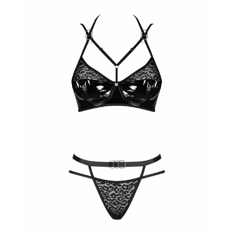 Еротичний комплект під латекс зі стрепами Obsessive Bagirela 2-pcs set L/XL, чорний, під леопард, бю