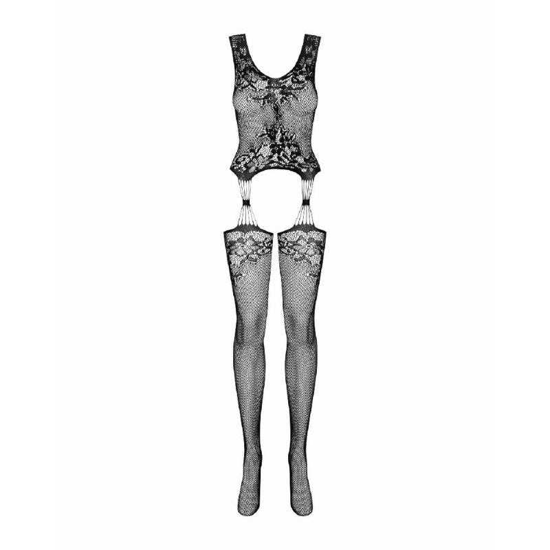 Бодістокінг Obsessive Bodystocking F221 XL/XXL, силуетний квітковий малюнок, імітація панчіх