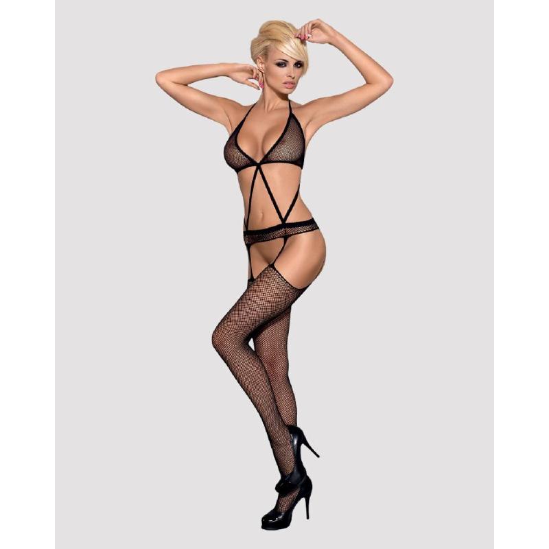 Сітчастий бодістокінг з імітацією топа, пояса та панчохи Obsessive Bodystocking N108 S/M/L, чорний