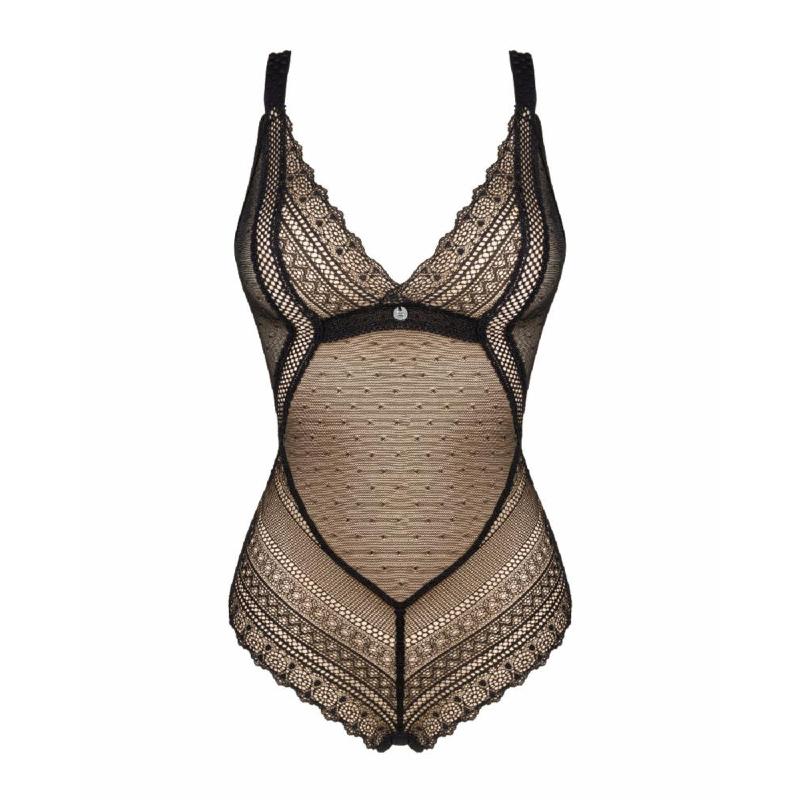 Мереживне боді з декольте Obsessive Estiqua teddy M/L, чорне, широкі лямки