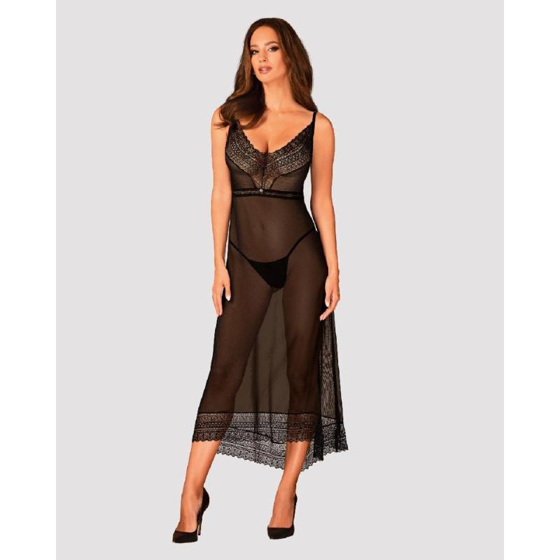 Напівпрозора довга сорочка Obsessive Estiqua chemise XL/2XL, чорний, асиметричний крій