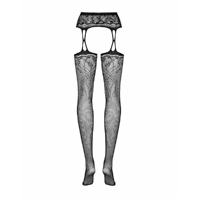 Панчохи-стокінги з рослинним малюнком Obsessive Garter stockings S206 black S/M/L чорні, імітація га