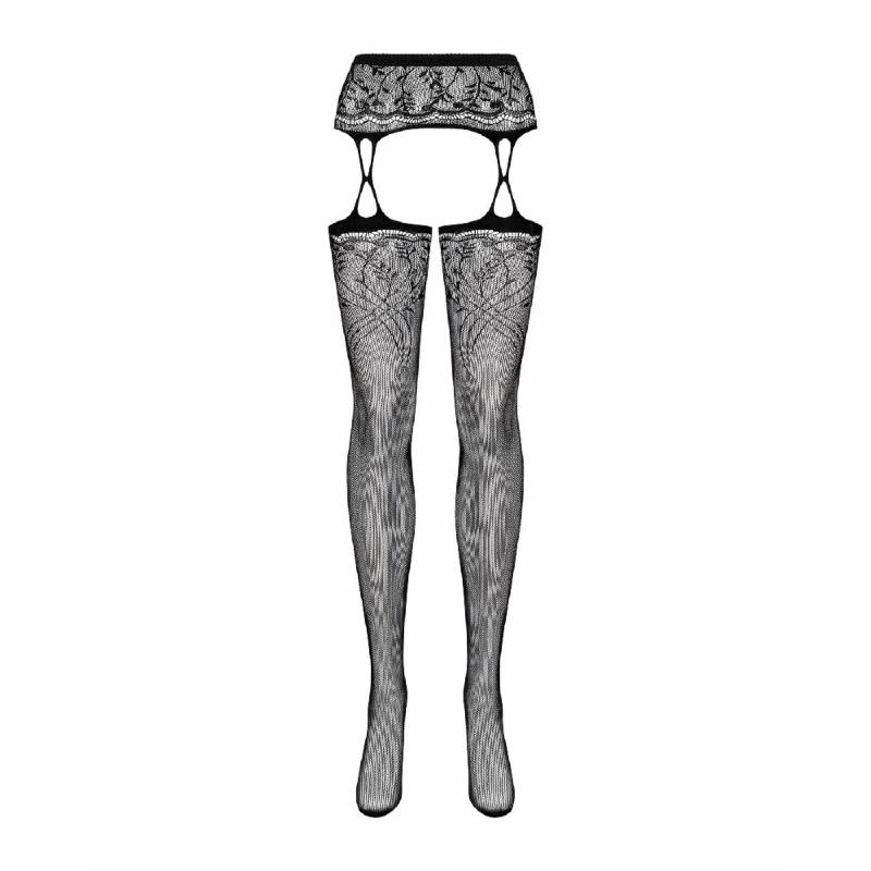 Панчохи-стокінги з рослинним малюнком Obsessive Garter stockings S206 black S/M/L чорні, імітація га