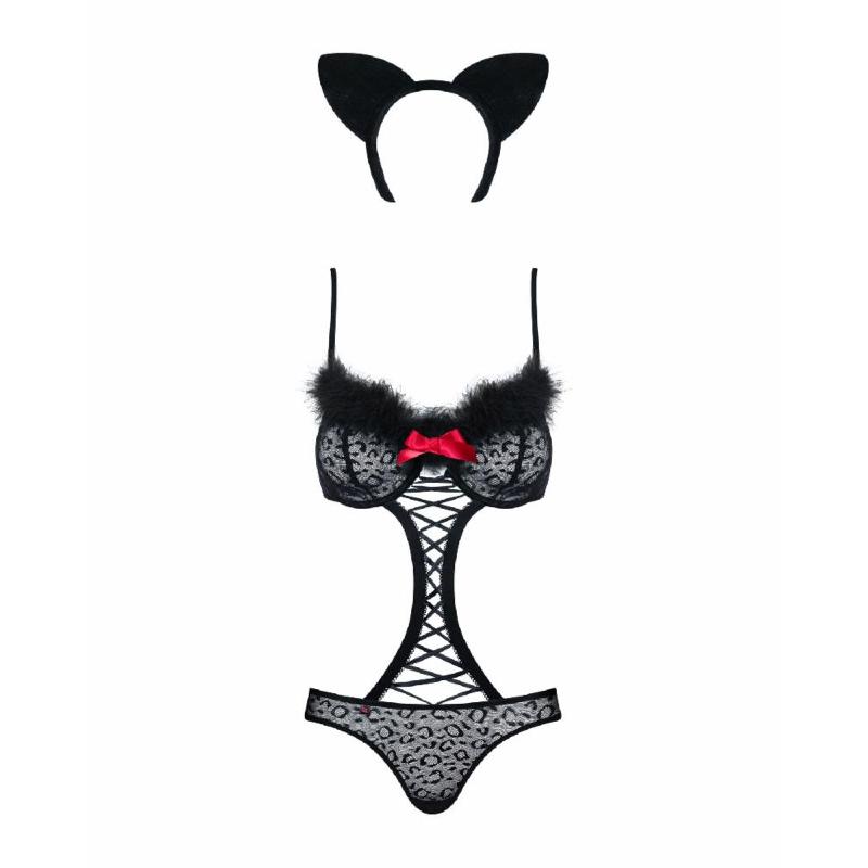 Еротичний костюм гепарду Obsessive Gepardina 3 pcs costume L/XL, чорний, хутряне оздоблення, монокін