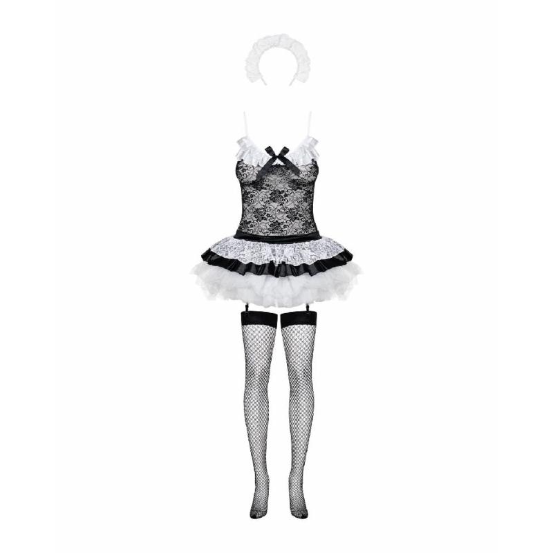 Еротичний костюм покоївки зі спідницею Obsessive Housemaid 5 pcs costume L/XL, чорно-білий, топ з пі