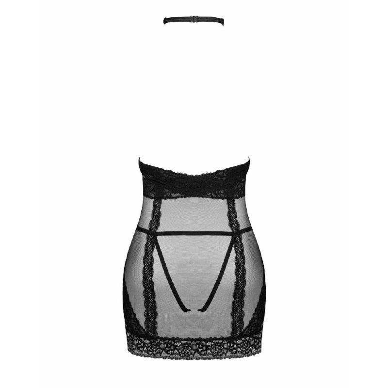 Напівпрозора сорочка з відкритими грудьми Obsessive Lacrisia chemise XS/S, чорна, з чокером