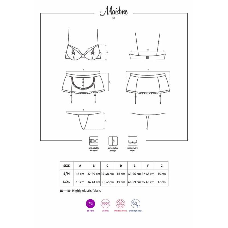Еротичний костюм покоївки Obsessive Maidme set 5pcs L/XL, бюстгальтер, пояс з фартухом, панчохи, стр