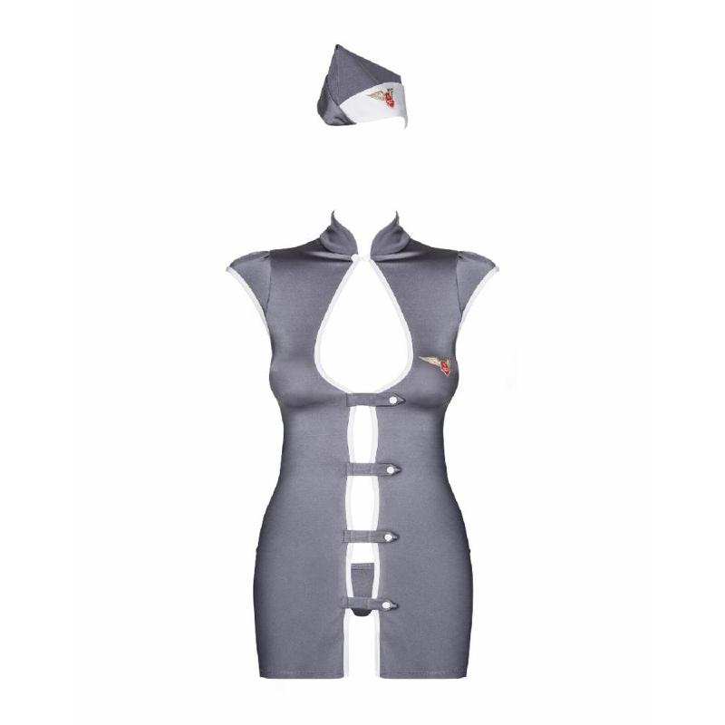 Еротичний костюм стюардеси Obsessive Stewardess 3 pcs grey S/M, сірий, сукня, стрінги, пілотка