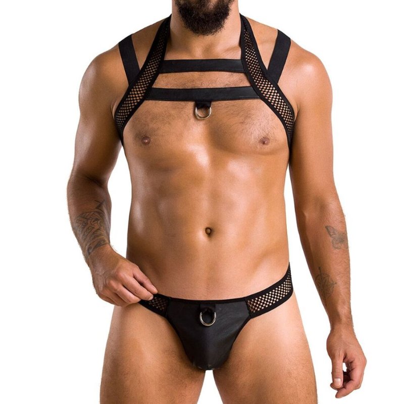 Комплект чоловічої білизни з кріпленнями Passion 043 JACOB S/M Black, труси, шлейки - зображення 1
