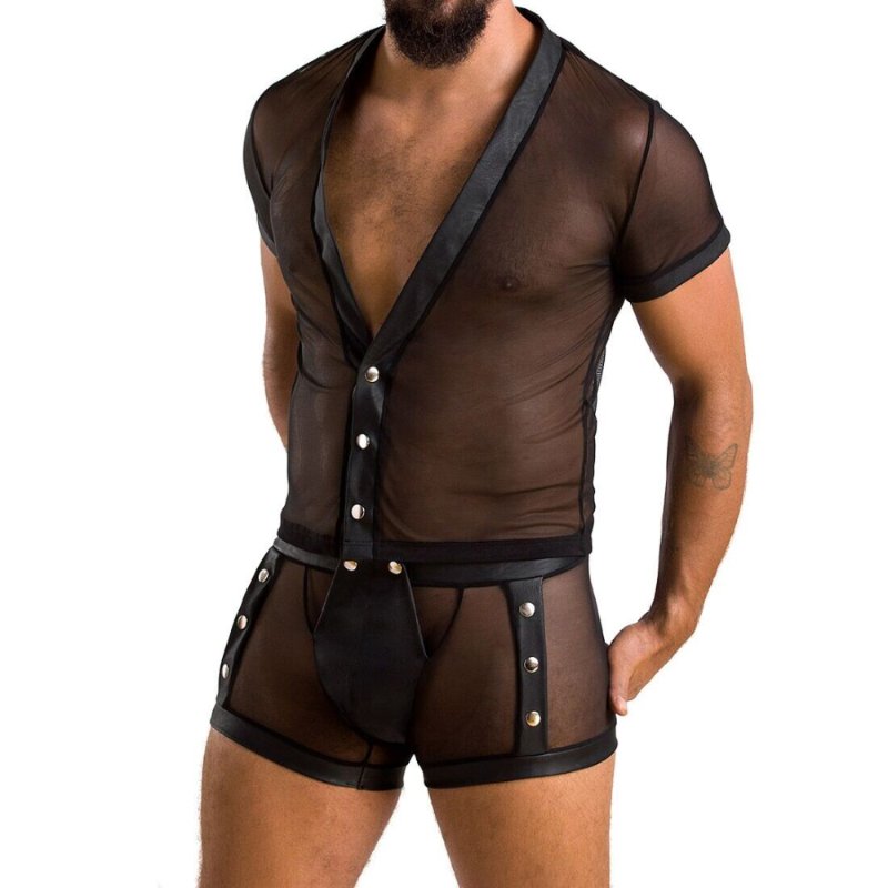 Комплект сітчастої чоловічої білизни Passion 052 SET MICHAEL L/XL black, сорочка, боксери, заклепки - зображення 1
