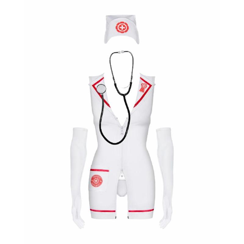 Еротичний костюм медсестри Obsessive Emergency dress S/M, white, сукня, стринги, рукавички, чепчик, стетоскоп