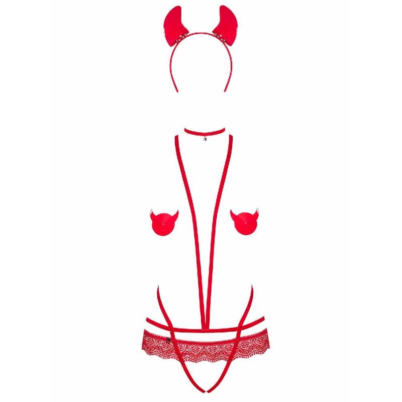 Еротичний костюм чортика зі стреп Obsessive Evilia teddy red S/M, боді, чокер, накладки на соски, обруч з ріжками