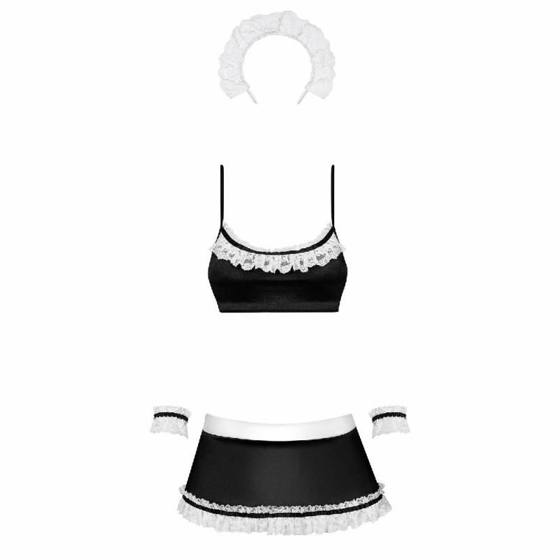 Атласний еротичний костюм покоївки Obsessive Maid set S/M, black, 5 предметів