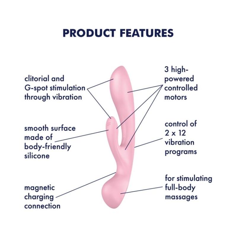 Двосторонній вібратор-кролик Satisfyer Triple Oh Pink, 3 мотори, руків’я-масажер