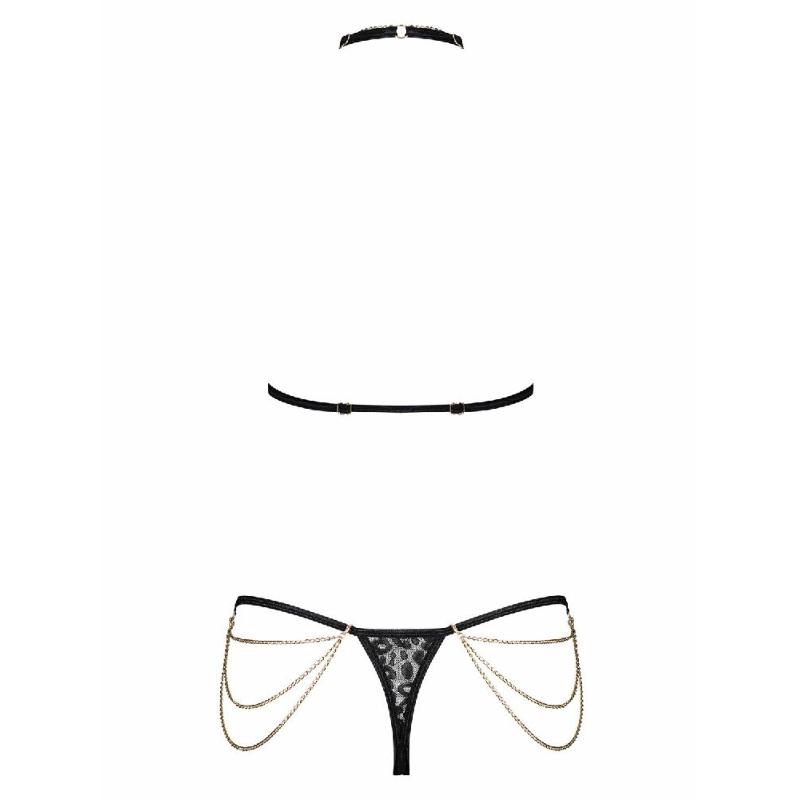 Комплект із ланцюжками Obsessive Pantheria 2-pcs set black L/XL, бюстгальтер, трусики