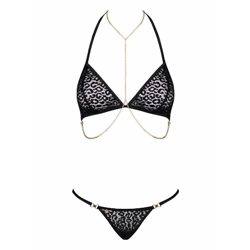 Комплект із ланцюжками Obsessive Pantheria 2-pcs set black L/XL, бюстгальтер, трусики