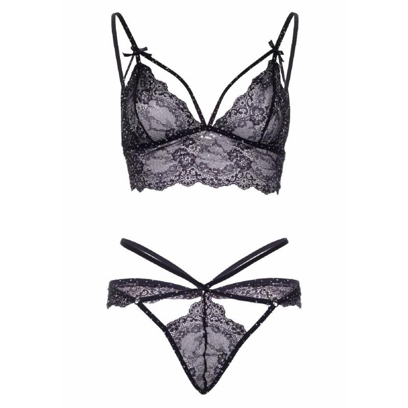 Еротичний комплект зі стрепами та стразами Leg Avenue Ready Or Not S Black, бра + стрінги