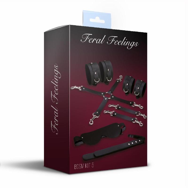 Набір Feral Feelings BDSM Kit 5 Black, наручники, поножі, хрестовина, маска, падл