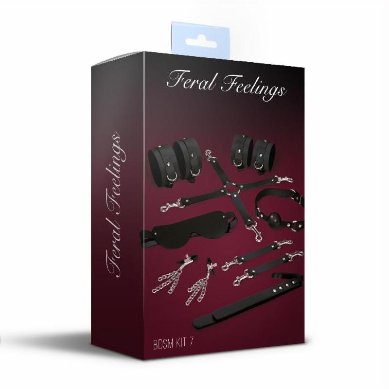 Набір Feral Feelings BDSM Kit 7 Black, наручники, поножі, конектор, маска, падл, кляп, затискачі