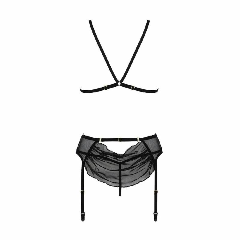 Комплект з відкритим доступом Passion DELIENA SET XXL/XXXL black, ліф, стрінги, пояс для панчіх