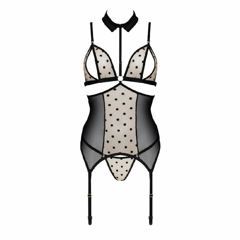 Корсет з відкритими грудьми Passion DOMINICA CORSET XXL/XXXL beige, пажі для панчіх, стрінги